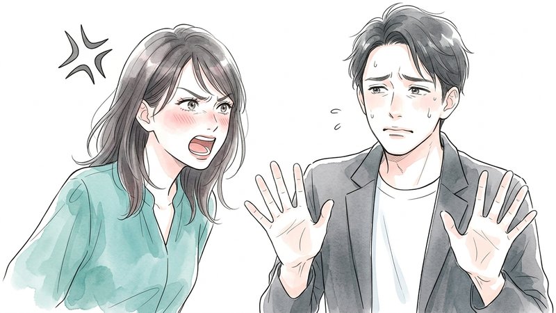 怒りをぶつけてしまう女性と、戸惑い傷ついている男性