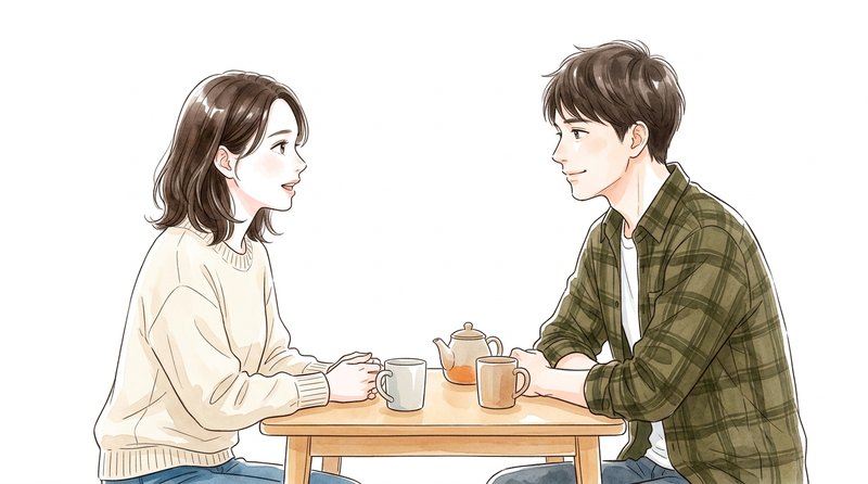 カフェのテーブルで向かい合って、じっくり語り合う二人