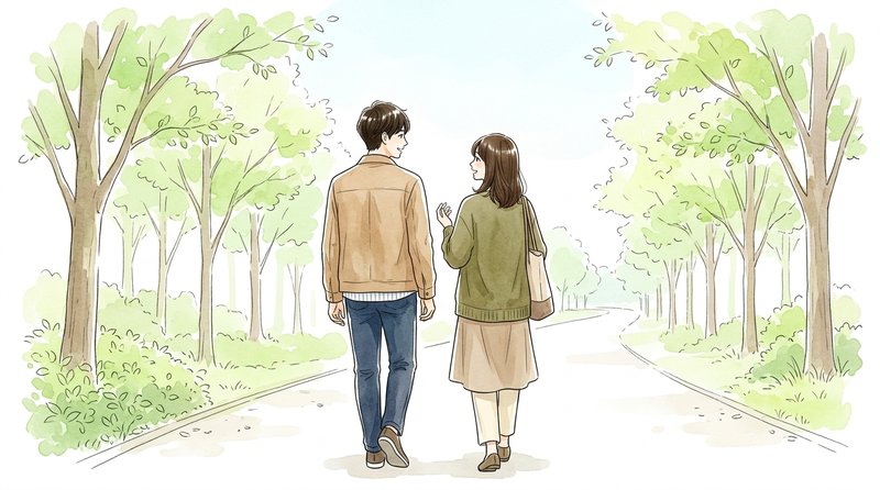 並木道を並んで歩きながら、ゆっくり話す二人
