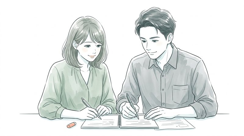 2人が並んで座り、それぞれの考えを出し合いながら一緒に答えを作っている場面