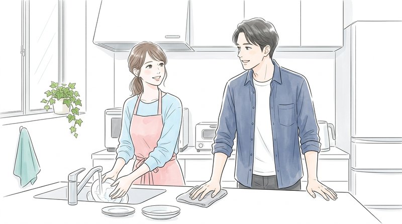 台所で並んで作業しながら笑顔で会話している夫婦