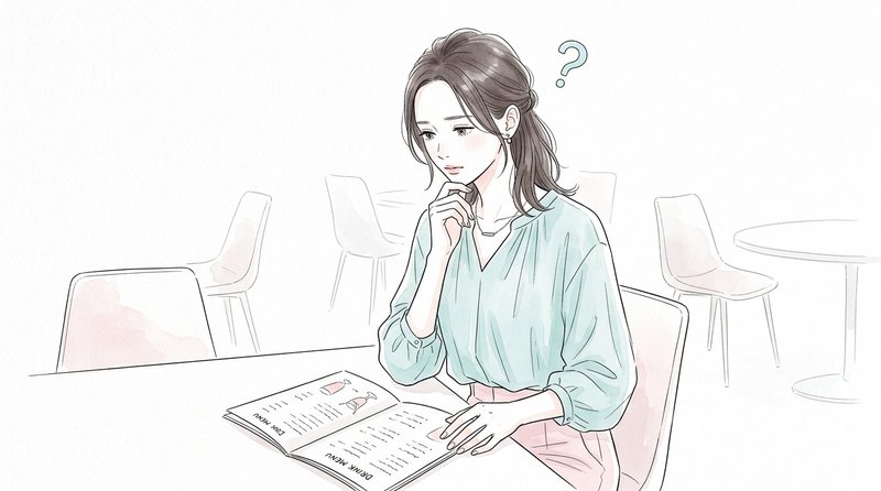レストランでワインメニューを前に少し迷っている女性