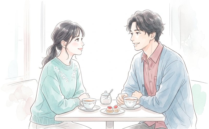 カフェでコーヒーを前に穏やかに会話する2人。シラフで信頼を育てる時間