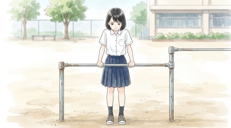 校庭の鉄棒の前に一人で立つ小学生の女の子