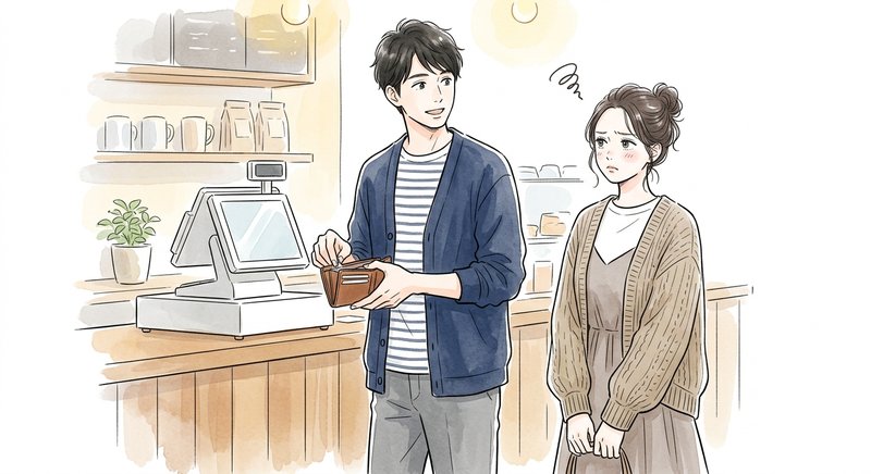 カフェのレジ前でお会計をするふたり。女性が少しモヤッとしている場面