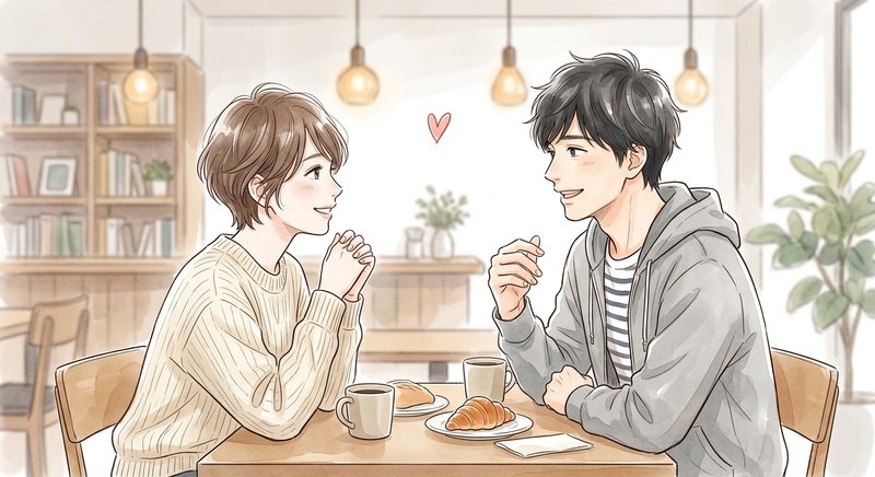 カフェで穏やかに話し合うふたり。素直な気持ちを伝え合っている場面