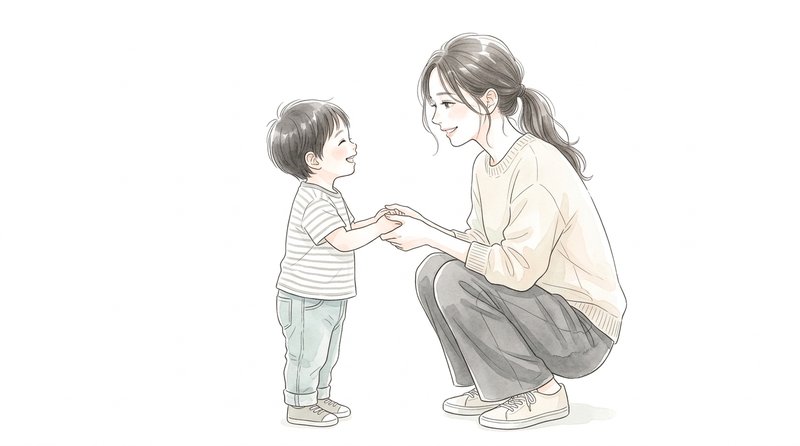 子どもと目線を合わせて手を取り合う母親