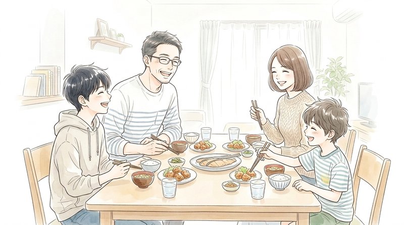 リビングで食卓を囲んでくつろぐ家族