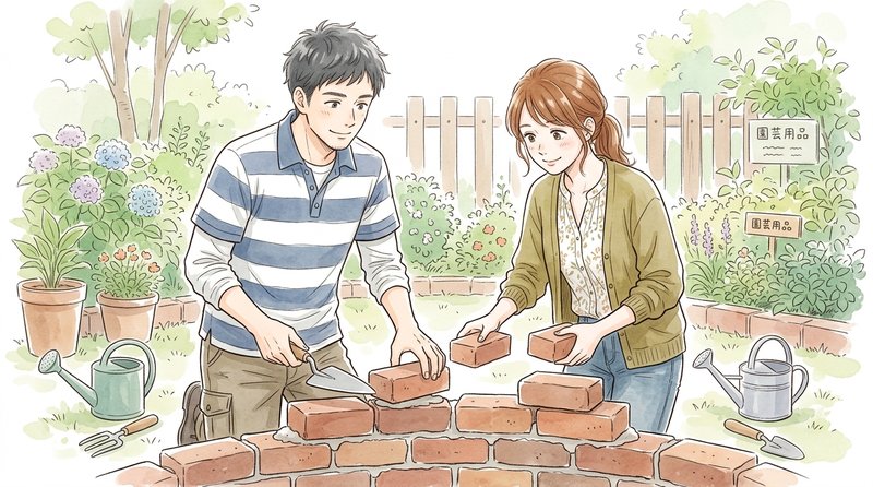 小さなレンガを二人で一つずつ積み上げていく夫婦