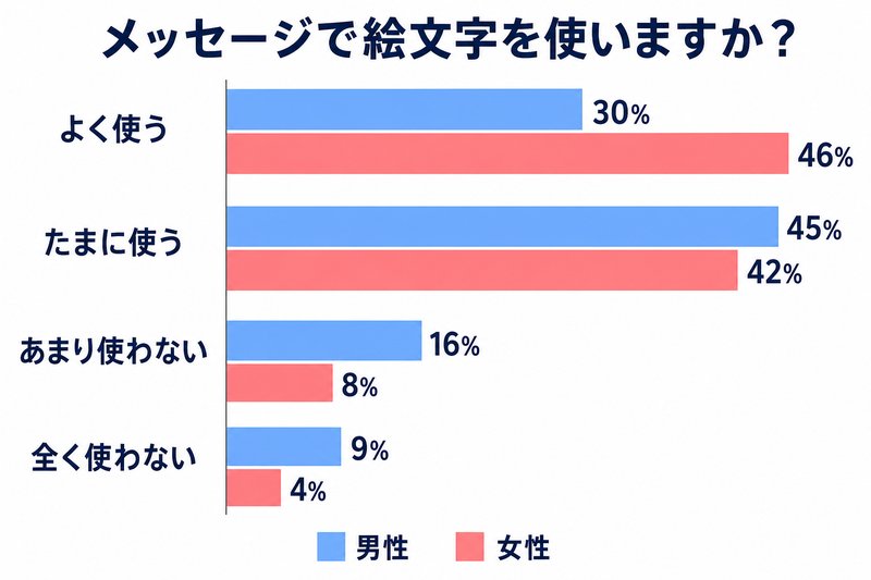 メッセージで絵文字を使うか（男女比較グラフ）よく使うは女性46%・男性30%