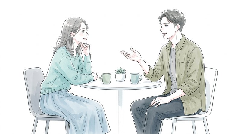 お見合いの席で向き合って和やかに話す男女
