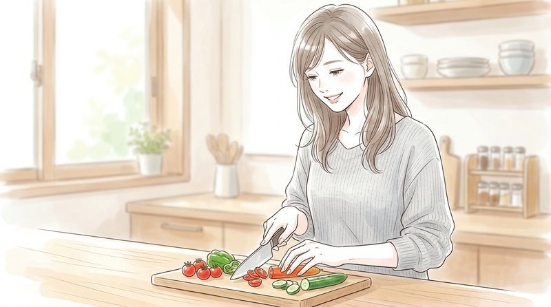 新しい包丁を手に、キッチンで料理を始めようとしている女性