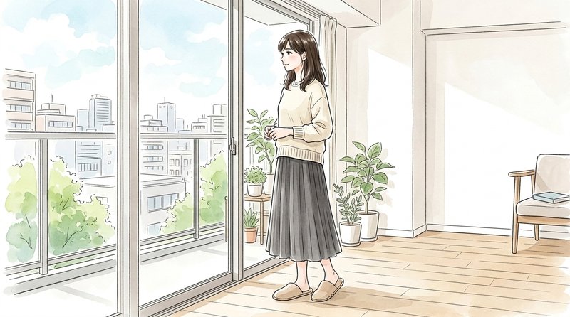 窓辺に立って遠くを見ながら、自分の気持ちに向き合っている女性