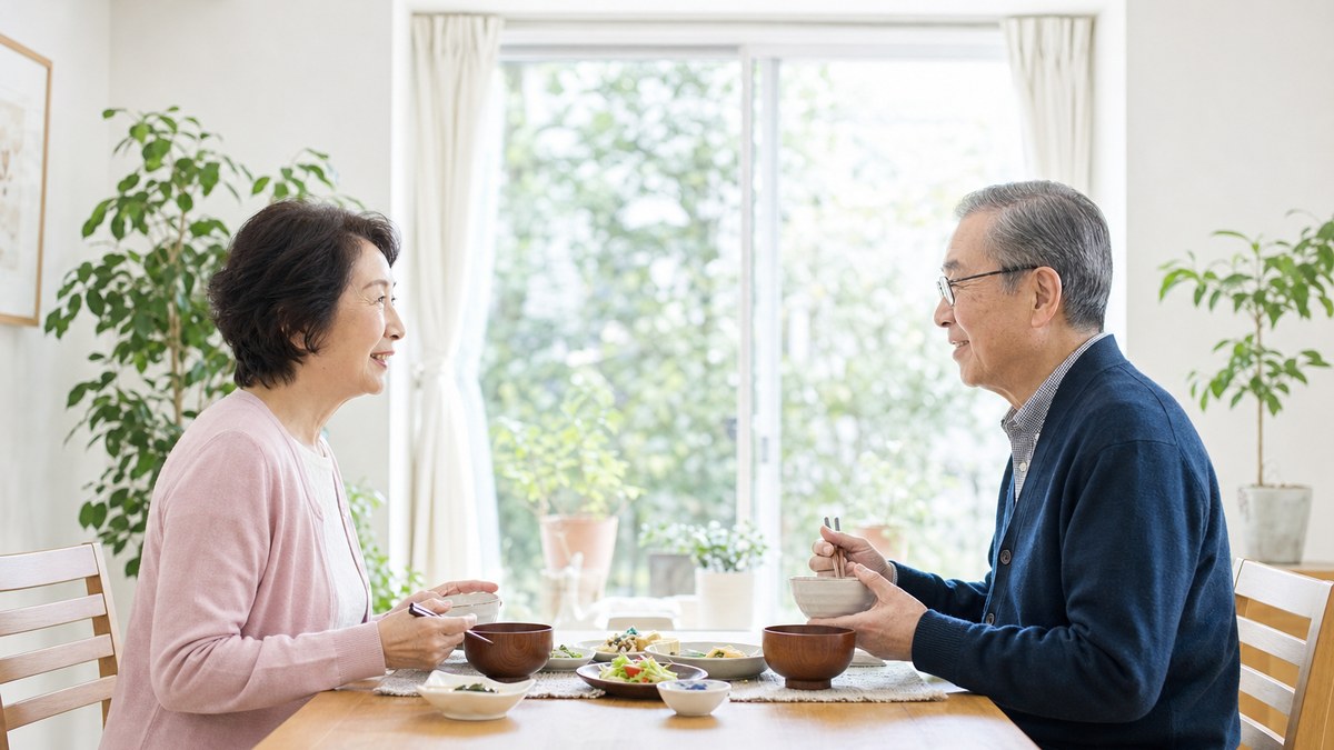 食卓で向かい合って食事をする年配の夫婦
