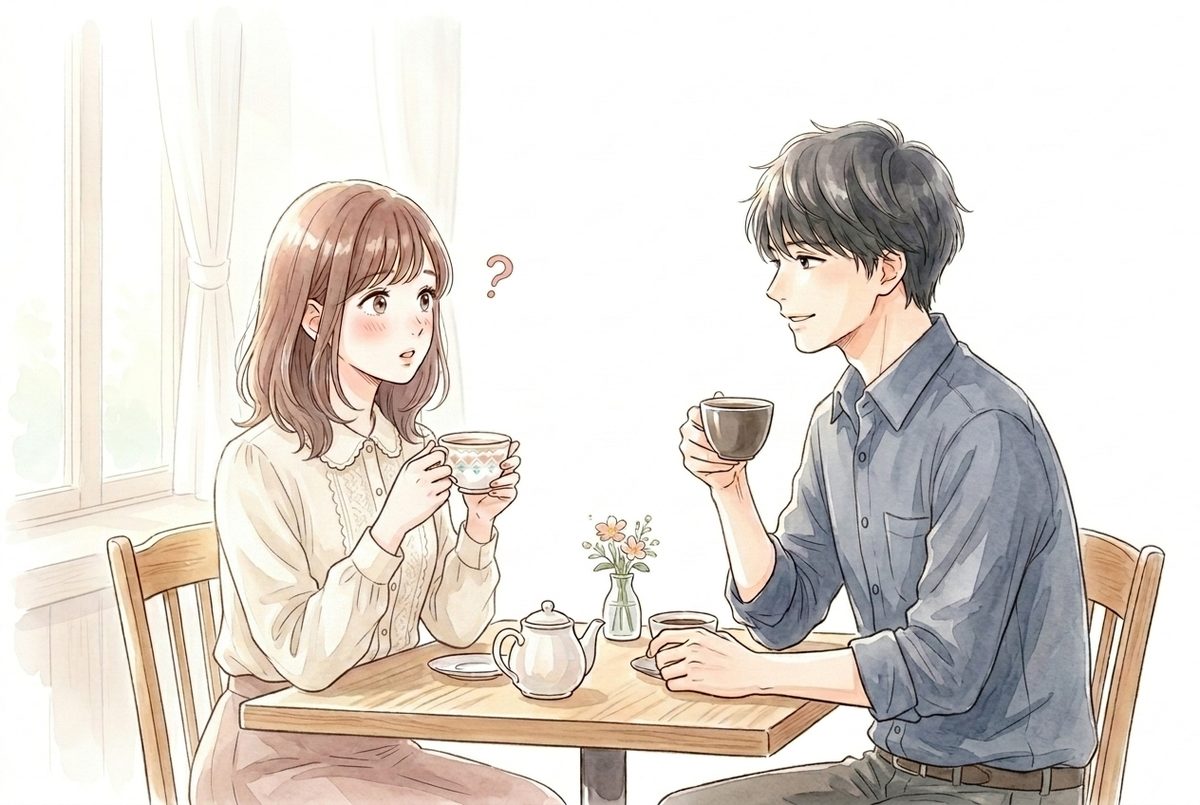 カフェで向かい合って話す男女。女性が相手との違いに「あれ？」と軽く驚いている場面