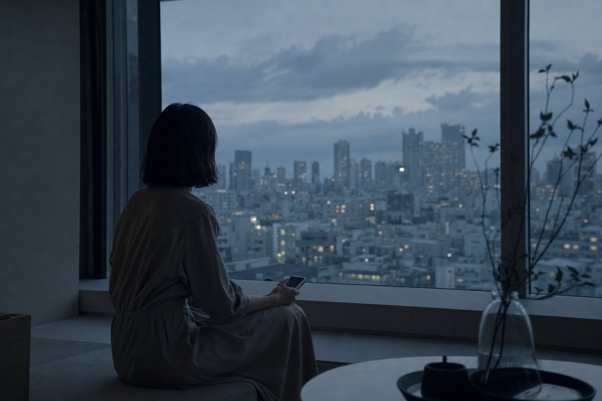 夕暮れの窓辺に一人で座る人